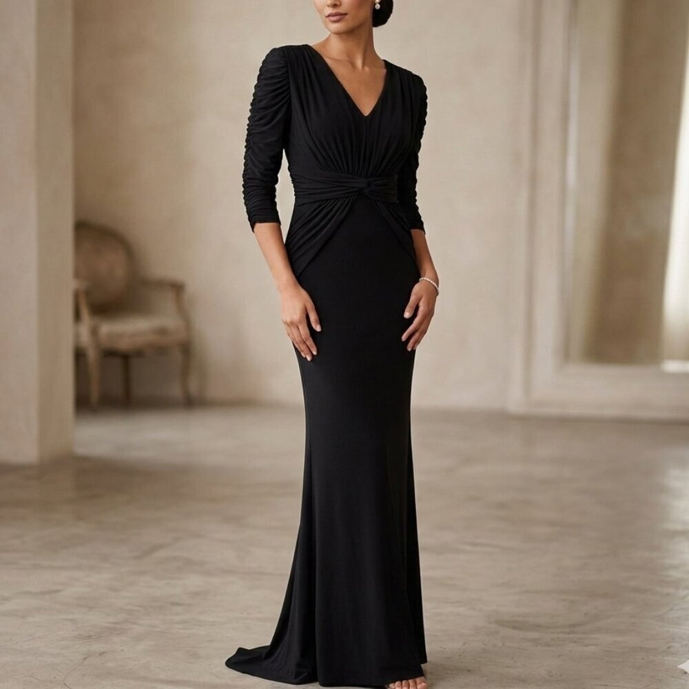 Badgley Mischka Evening Gown Dress Sz 4 Black Stretch Ruched Drape Train Wedding
